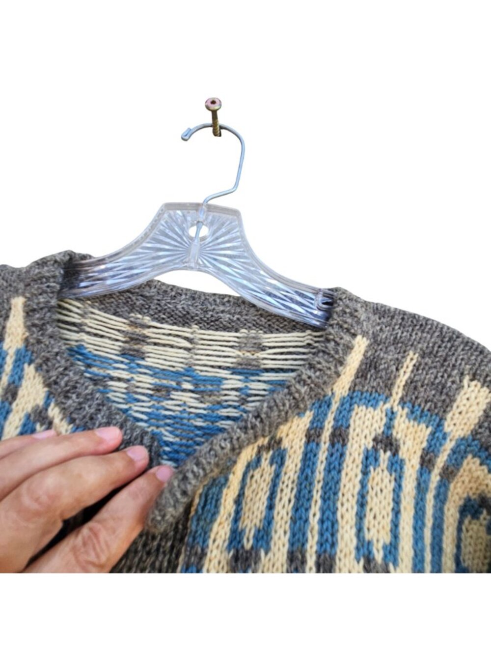Vintage Hand Knit Nordic Wool Cardigan Gray Geometric Unisex XL - Picture 12 of 15